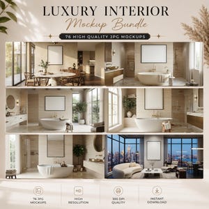 K&ouml;nnte beinhalten: Eine digitale Sammlung mit dem Titel Luxury Interior Mockup Bundle, die 76 hochwertige JPG-Mockups enth&auml;lt. Das Bild zeigt sechs verschiedene Innenraumszenen, darunter Esszimmer, Badezimmer und Wohnbereiche, jeweils mit leeren Rahmen.