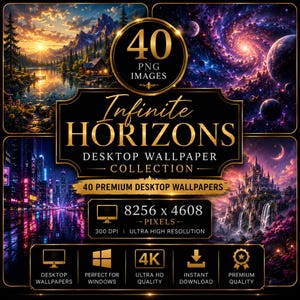 以下が含まれることがあります： Infinite Horizonsと題された40枚のデスクトップ壁紙デジタルコレクション。風景、宇宙、都市、城の高解像度画像が含まれています。テキストには8256 x 4608ピクセル、300 DPI、4K品質、Windows向けの即時ダウンロード可能であることが記載されています。