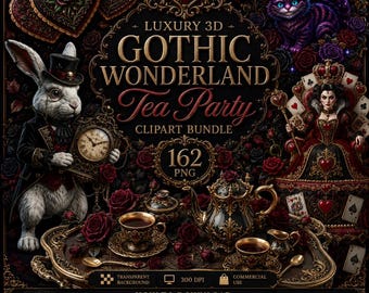 Gothic Wonderland Tea Party Clipart Bundle, 162 PNGs, Dark Fantasy Elements (Digital Download)