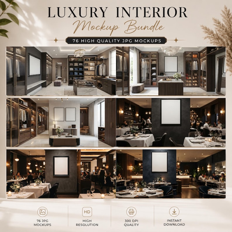 K&ouml;nnte beinhalten: Eine digitale Sammlung mit dem Titel LUXURY INTERIOR Mockup Bundle, die 76 hochwertige JPG-Mockups enth&auml;lt. Die Darstellung zeigt verschiedene Innenr&auml;ume, darunter begehbare Kleiderschr&auml;nke und Restaurantbereiche mit leeren Rahmen.