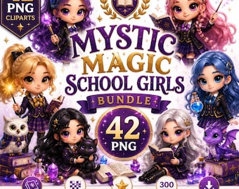 Mystic Magic School Girls Clipart Bundle, 42 Chibi PNGs (Digital Download)