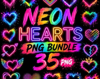 Neon Hearts PNG Bundle, 35 Rainbow Cliparts, Sublimation Design (Instant Download)