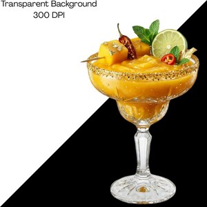 May include: A crystal cocktail glass filled with a vibrant orange mango smoothie, garnished with two mango cubes topped with gold leaf, a red chili pepper, a fresh lime slice, and green mint leaves. The rim is coated with a golden sugar crust.