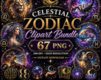 Celestial Zodiac Clipart Bundle, Watercolor Astrology PNGs, Galaxy Signs, Moon Phases (Digital Download)