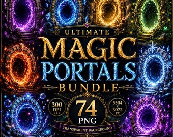 Könnte beinhalten: Eine digitale Sammlung von 74 magischen Portalbildern im PNG-Format, mit verschiedenen leuchtenden kreisförmigen Toren in Violett, Blau, Gold, Grün und Orange, mit dem Text ULTIMATE MAGIC PORTALS BUNDLE, 74 PNG, 300 DPI, 5504 x 3072 PX.
