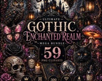 Gothic Enchanted Realm Clipart Bundle, Dark Fantasy Castle, Black Cat, Owl, Raven (59 PNG)