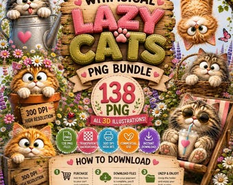 138 Sunflower Cat PNG Bundle, Cute Fluffy Cat Clipart, Watercolor Kitten PNG, Transparent Background, Commercial Use, Instant Download