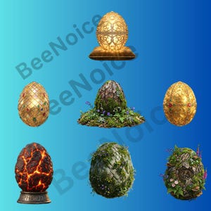 May include: A collection of seven egg-shaped objects featuring diverse textures including a glowing gold filigree egg on a cushion, a scale-patterned egg with gems, a mossy bark egg, a lava-cracked egg, and floral-covered eggs on a blue background.