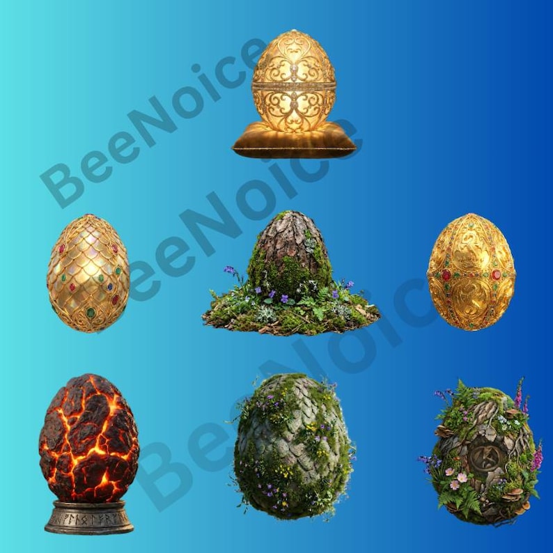 May include: A collection of seven egg-shaped objects featuring diverse textures including a glowing gold filigree egg on a cushion, a scale-patterned egg with gems, a mossy bark egg, a lava-cracked egg, and floral-covered eggs on a blue background.