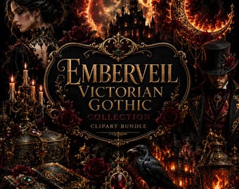 Könnte beinhalten: Eine digitale Grafik mit dem Text Emberveil Victorian Gothic Collection Clipart Bundle. Das Bild zeigt eine dunkle, feurige Szene mit einer Person mit Krone, einer Person mit Zylinder, einem Raben, einer Burg, einer Mondsichel und Büchern.