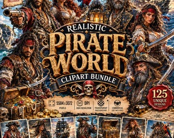 Realistic Pirate Clipart Bundle, 125 Fantasy PNGs, Pirate Queen, Sea Rogues (Digital Download)