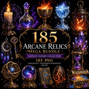 May include: A digital collection of 185 Arcane Relics fantasy clipart images featuring magical items like a burning candle, potion bottles, golden and icy chalices, a lantern, a dreamcatcher, a key, crystals, an armillary sphere, a crystal ball, a book, an egg, and a treasure chest.