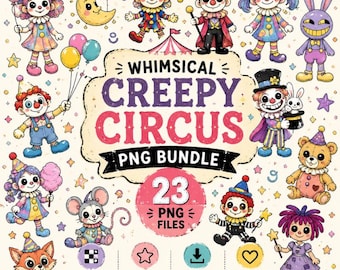 Whimsical Creepy Circus Clipart Bundle, 23 Pastel Clown PNGs (Instant Download)