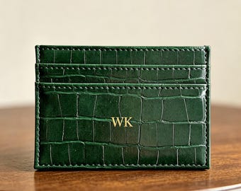 Personalized Green Croc-Embossed Leather Card Holder, Custom Engraved Initial Slim Wallet, Credit Card Case, Gift for Him / Her