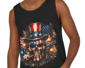 Patriotic Skull Tank Top | American Flag Eagle Graphic Tee | Comfort Colors Vintage Style