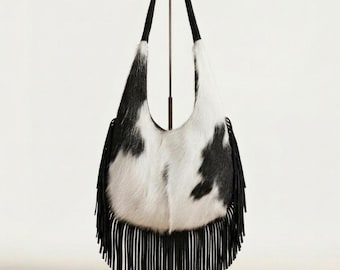 Genuine Leather Cowhide Fringe Hobo Bag, Handmade Western Boho Shoulder Bag, Hair-On Hide Purse, Cow Print Handbag, Gift for Her
