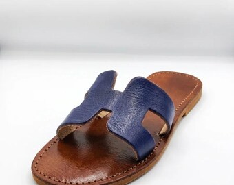 Handmade Moroccan Leather Sandals for Women | Blue Leather Slide Sandals | Artisan Flat Summer Sandals | Marrakech Handmade Shoes