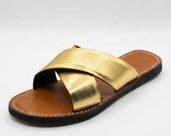 Handmade Moroccan Gold Leather Sandals for Women | Genuine Leather Slide Sandals | Artisan Flat Summer Sandals | Boho Leather Shoes