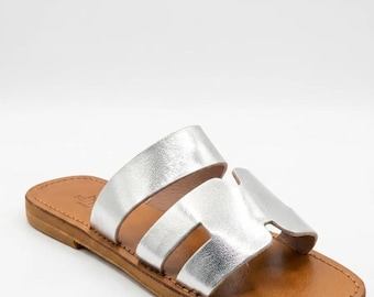Silver Leather Slide Sandals Handmade in Morocco | Women's Flat Leather Sandals | Summer Boho Shoes | Artisan Footwear