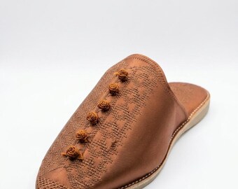 Handmade Moroccan Leather Babouche Slippers | Women's Tan Leather Mules | Traditional Moroccan House Slippers | Artisan Gift for Her