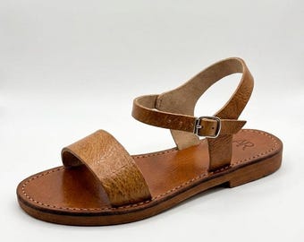 Handmade Leather Sandals for Women, Genuine Leather Flat Sandals, Greek Roman Summer Shoes, Minimalist Buckle Sandals, Handmade Morocco