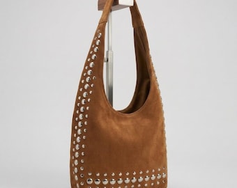 Genuine Leather Hobo Bag, Handmade Boho Shoulder Bag with Decorative Studs, Spacious Leather Tote, Moroccan Leather Bag , Gift for Her