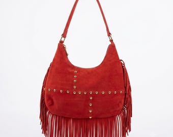 Handmade Leather Fringe Hobo Bag, Genuine Moroccan Leather Shoulder Bag, Boho Women's Purse, Slouchy Everyday Handbag , Christmas Gift