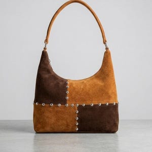 Patchwork Suede Shoulder Bag | Two-Tone Leather Hobo Purse | Boho Handmade Bag Whipstitch Leather Handbag Women's Everyday Bag Gift for Her