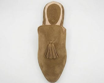 Handmade Moroccan Suede Leather Babouche Slippers | Women's Tassel Leather Mules | Artisan House Slippers | Marrakech Handmade Shoes