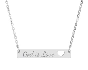 Engraved God is Love Bar Necklace, Minimalist Faith Jewelry, Stainless Steel Pendant