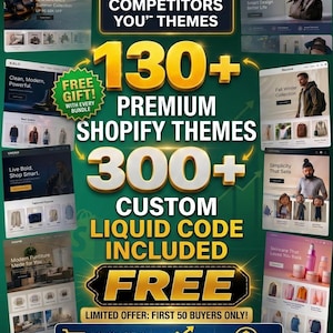 Könnte beinhalten: Eine Werbegrafik mit dunkelgrünem Hintergrund, die 130+ Premium-Shopify-Themes und 300+ benutzerdefinierten Liquid-Code bewirbt. Der Text enthält "Starte deinen Traum-Shop" und "Sofortiger Zugriff".