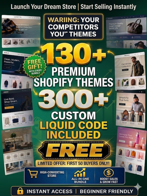 FREE 300+ Liquid Code with 130+ Shopify Themes Bundle, High-Converting Shopify Templates for Online Store, Professional Digital Download