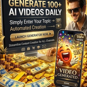 Op de afbeelding: Digitale illustratie die videogeneratie promoot. Een computerscherm toont "GENERATE 100+ AI VIDEOS DAILY." Een smartphone toont een lachende emoji met "VIDEO GENERATED." Stapels bankbiljetten en gouden munten liggen verspreid.