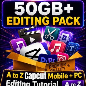 May include: A promotional graphic for a video editing pack. The image features the text "UNLIMITED 50GB+ EDITING PACK" in gold lettering. It includes icons of video editing software and the text "A to Z Capcut Mobile + PC Editing Tutorial".