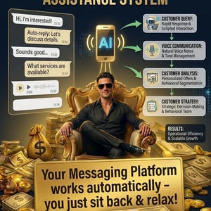 Könnte beinhalten: Eine Illustration, die ein KI-gestütztes, autonomes Assistenzsystem bewirbt. Ein Mann mit Sonnenbrille sitzt in einem goldenen Stuhl, umgeben von Geld. Das Bild enthält eine Smartphone-Grafik, Chat-Blasen und Text, der die Funktionen beschreibt.