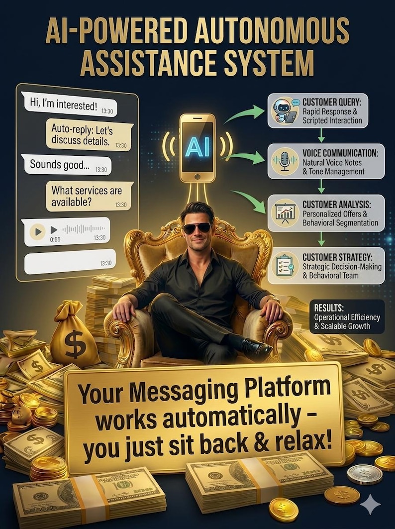 WhatsApp AI Automation Bundle showing a complete customer communication system with AI chatbot and voice assistant workflows built in n8n, designed to automatically reply to messages, handle customer support, process voice messages, and automate business conversations 24/7 for entrepreneurs, freelancers, and online businesses using text and voice AI technology