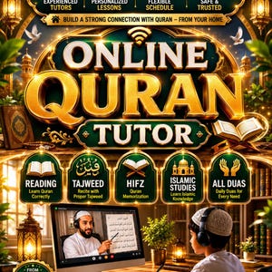 Puede incluir: Un anuncio digital para un tutor de Corán en línea con un estudiante usando auriculares frente a una computadora, con texto que incluye "ONLINE QURAN TUTOR," "EXPERIENCED TUTORS," "PERSONALIZED LESSONS," "FLEXIBLE SCHEDULE," y "SAFE & TRUSTED."