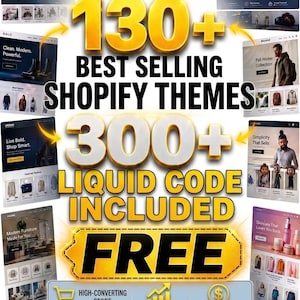 Ultimate Shopify Store Starter Pack featuring 130+ best-selling Shopify templates and 300+ free custom liquid coding bonuses. Professional digital download for dropshipping and e-commerce websites with mobile-responsive layouts and high-conversion features.