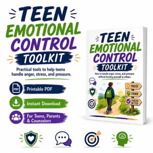 May include: A book and promotional materials for the "Teen Emotional Control Toolkit." The book cover features a young person walking on a path. The toolkit offers practical tools to help teens handle anger, stress, and pressure. Includes a printable PDF and instant download.