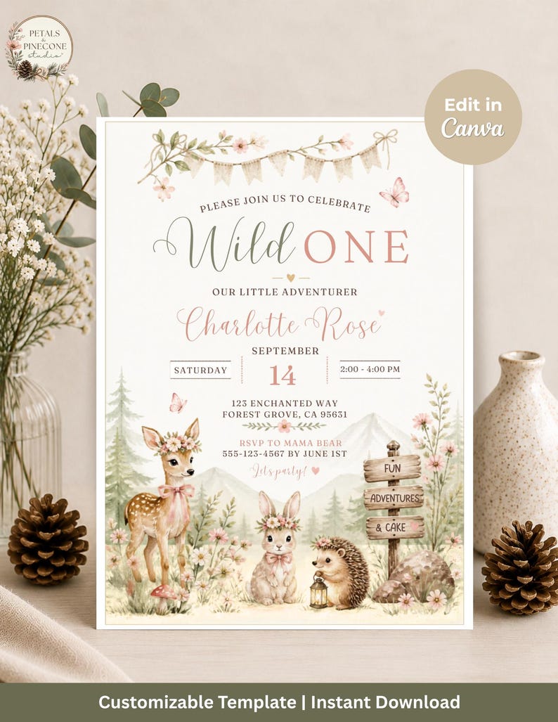 Wild One Birthday Invitation — Woodland Watercolor