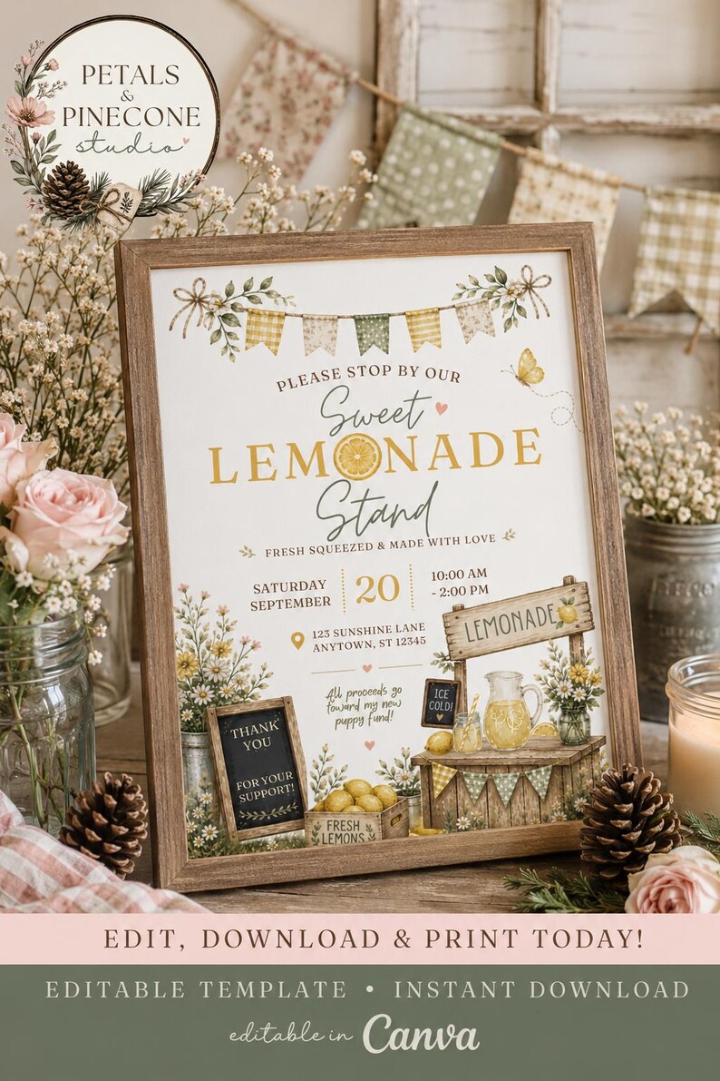 Rustic Raffle Sign Editable Lemonade Stand Flyer | Watercolor Rustic Fundraiser Sign ...