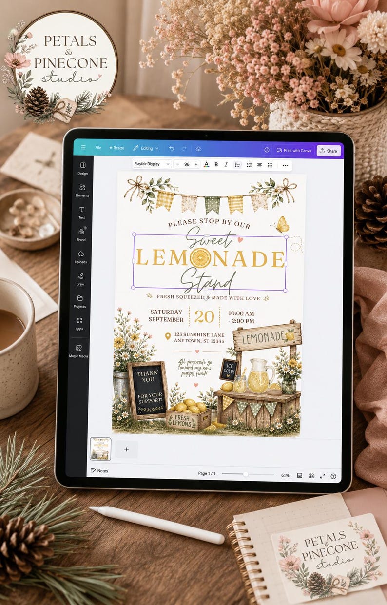Rustic Raffle Sign Editable Lemonade Stand Flyer | Watercolor Rustic Fundraiser Sign ...