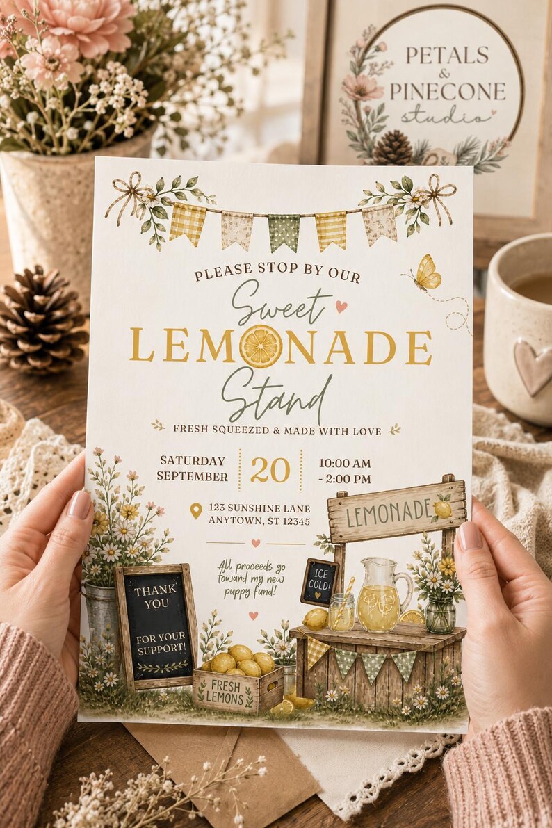 Rustic Raffle Sign Editable Lemonade Stand Flyer | Watercolor Rustic Fundraiser Sign ...