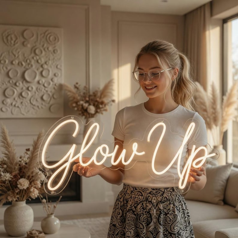 May include: A clear acrylic neon sign featuring the words Glow Up in a warm white cursive script. The sign is mounted on a transparent backing with visible mounting holes and is illuminated with a soft, bright light.