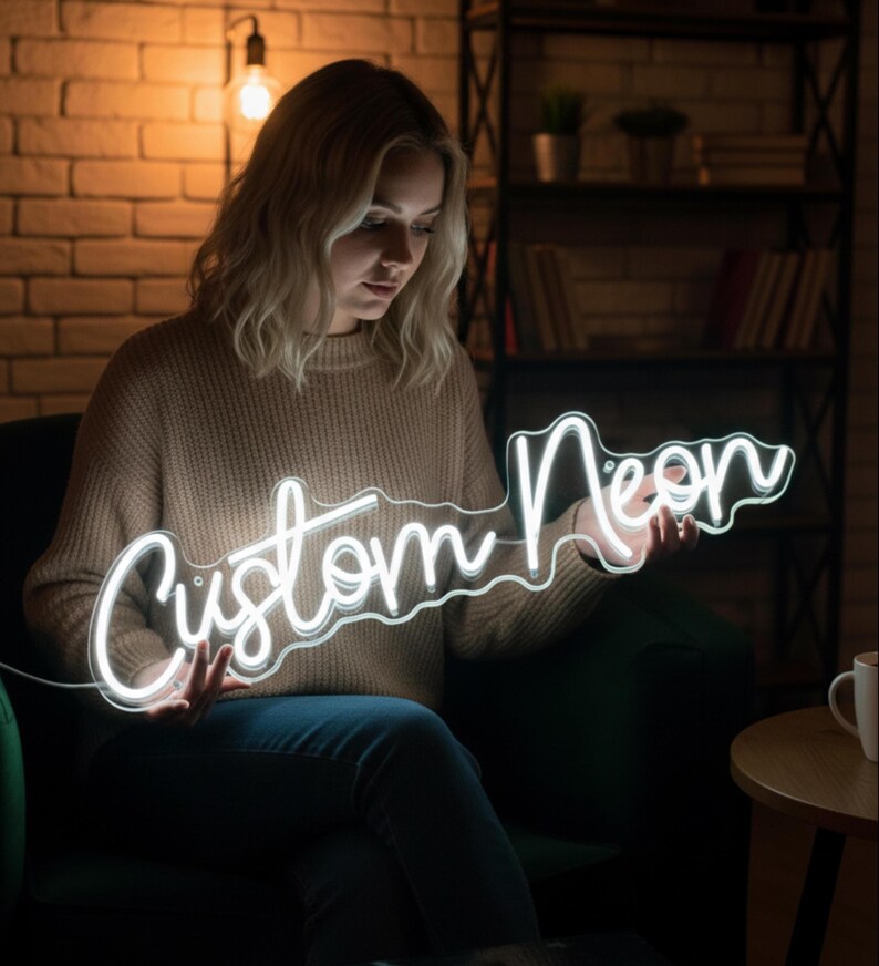 Pu&ograve; includere: Un'insegna al neon bianca con le parole "Custom Neon" in un carattere corsivo. L'insegna &egrave; tenuta da una persona in una stanza con un muro di mattoni e un'illuminazione calda.