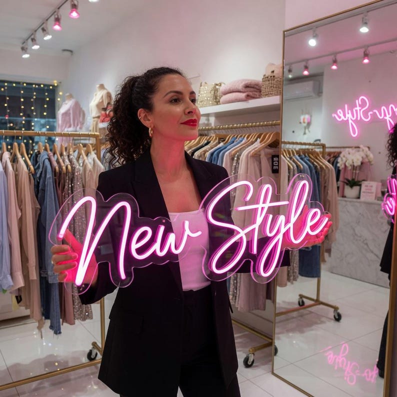 Pu&ograve; includere: Una donna tiene in mano un'insegna al neon rosa con la scritta "New Style". L'insegna ha un supporto trasparente. Sullo sfondo si vedono appendiabiti e uno specchio, che indicano un ambiente di boutique di moda.