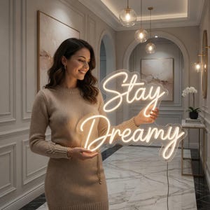 May include: A glowing neon sign with the text Stay Dreamy in a cursive script font. The sign features warm white light tubing mounted on a clear acrylic backing, emitting a soft illumination that highlights the script lettering design.