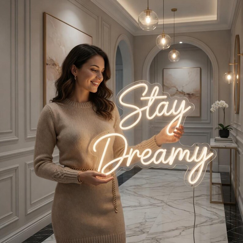 May include: A glowing neon sign with the text Stay Dreamy in a cursive script font. The sign features warm white light tubing mounted on a clear acrylic backing, emitting a soft illumination that highlights the script lettering design.