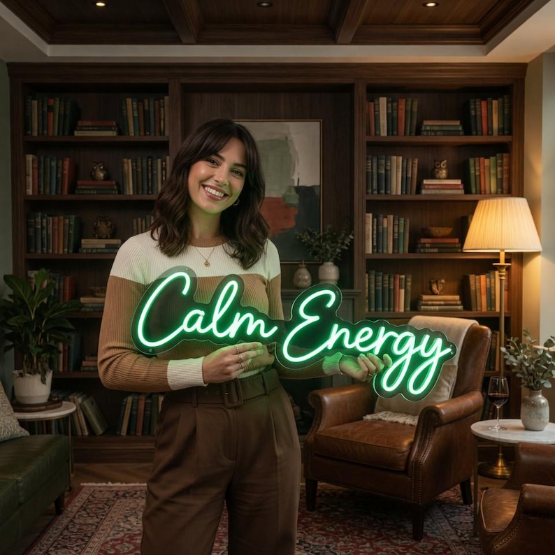 Pu&ograve; includere: Un'insegna al neon verde con la scritta "Calm Energy" in corsivo. L'insegna &egrave; tenuta davanti a una libreria piena di libri. La persona che tiene l'insegna indossa un maglione color crema, marrone e bianco e pantaloni marroni.