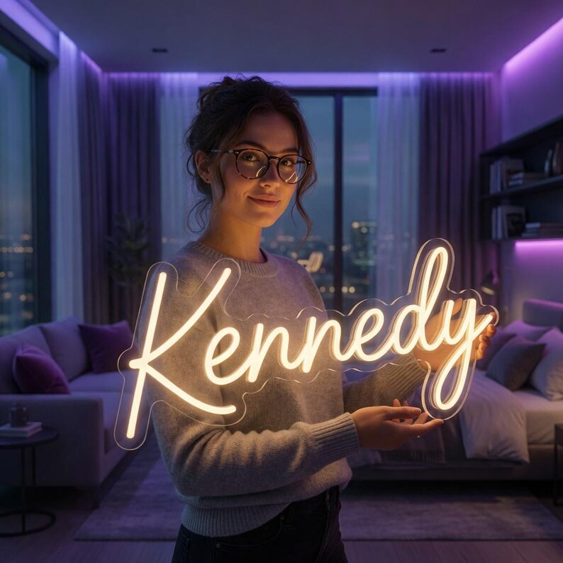 May include: A custom neon sign featuring the name Kennedy in a warm white script font, mounted on a clear acrylic backing. The sign is held horizontally, displaying the illuminated cursive lettering against a dark, modern interior room setting.